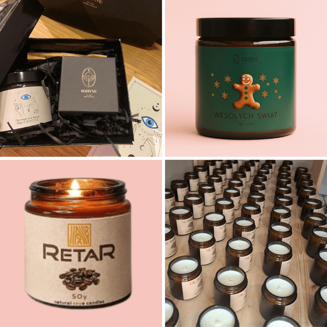 Świece sojowe z logo firmy -personalizowane świeczki zapachowe w brązowych szklanych pojemnikach, realizacja zamówienia dla firm