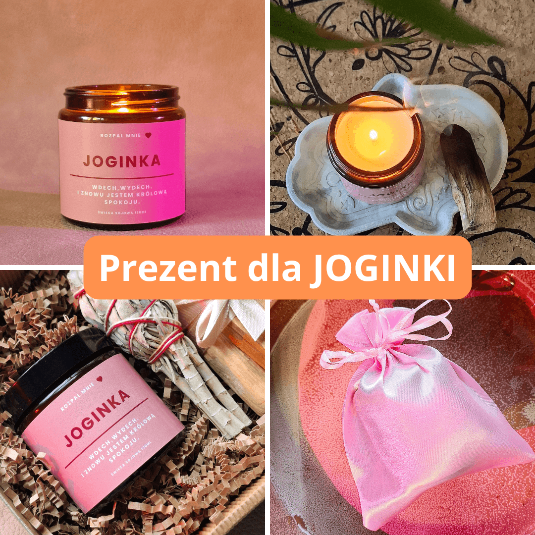 Prezent dla joginki - świeca sojowa ręcznie robiona z napisem Joginka, świeczka zapachowa w brązowym szkle 120ml, idealny prezent dla miłośniczki jogi.