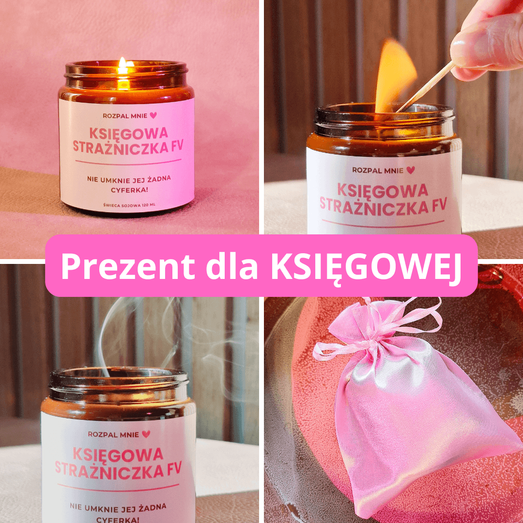 Prezent dla księgowej - świeca sojowa zapachowa z napisem Księgowa Strażniczka FV w szklanym brązowym słoiku, ręcznie robiona świeczka dla księgowej