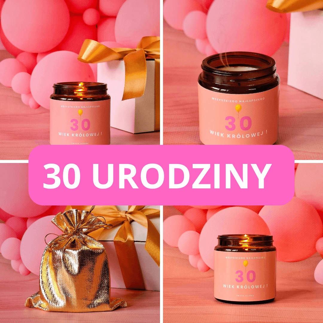 Świeca sojowa na 30 urodziny o zapachu prosecco - pachnący prezent dla przyjaci&oacute;łki na 30 urodziny
