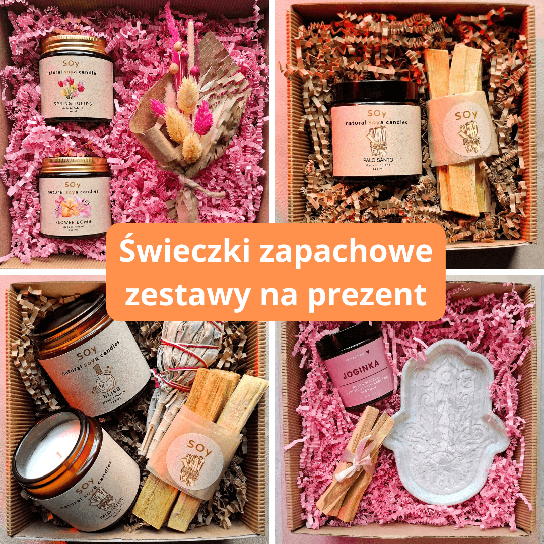 Świeczki zapachowe zestaw – świece sojowe na prezent z mini bukietem kwiatów, Palo Santo i białą szałwią, elegancki pomysł na prezent dla kobiety